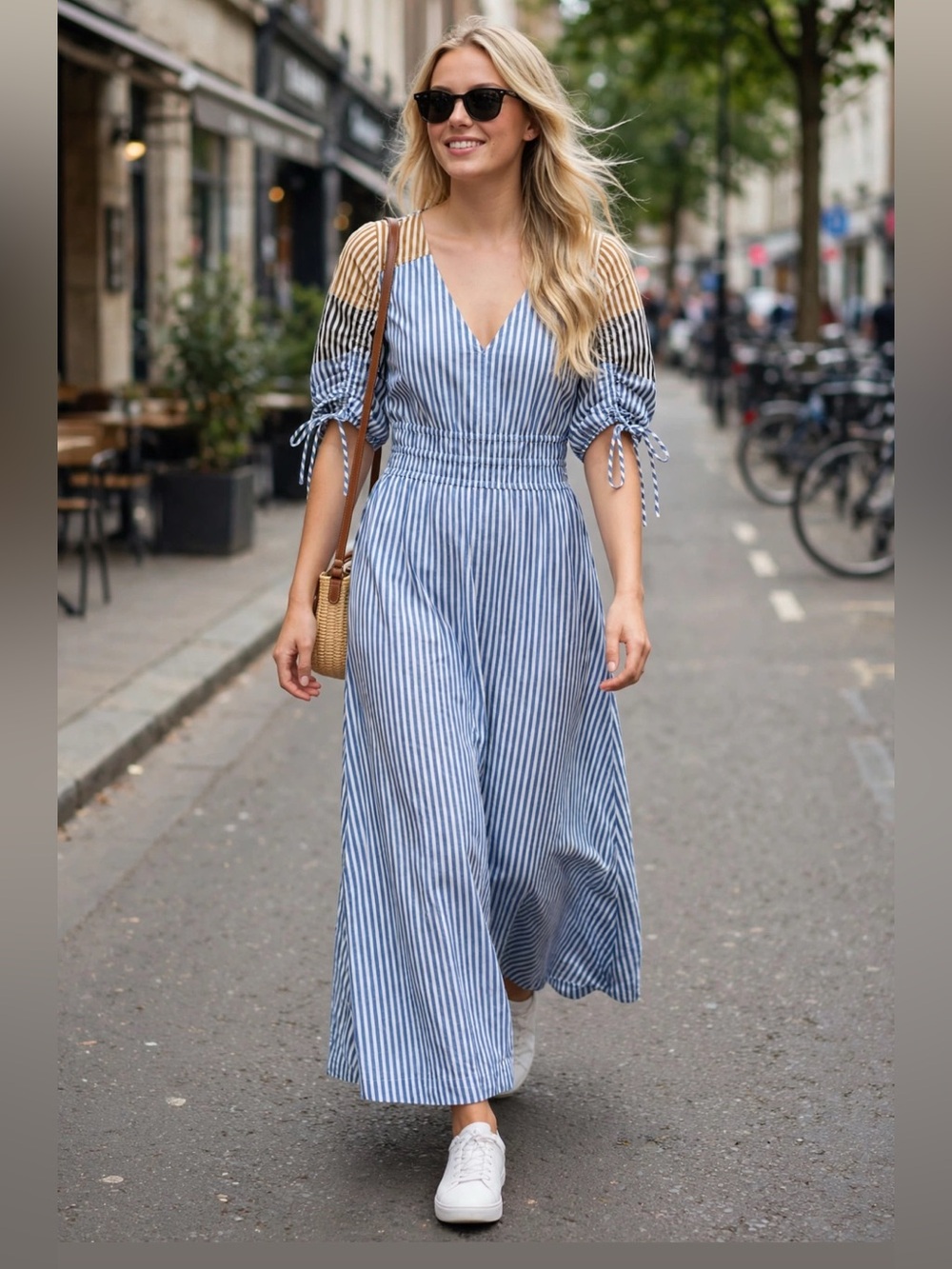 LOFT Blue & White Striped V-Neck Smocked-Waist Maxi Dress Medium